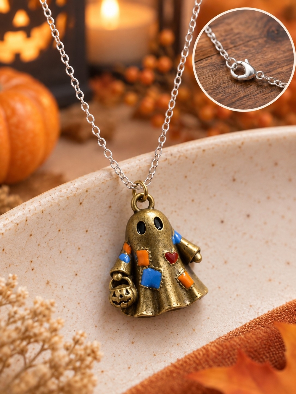 Halloween Patchwork Ghost Pendant Necklace - Silver Chain